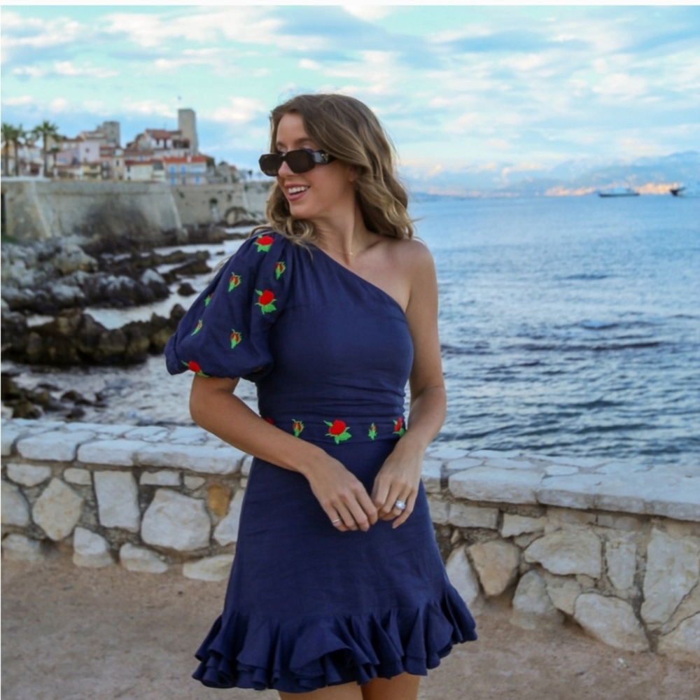 🏷Fanm Mon Flame🌹Mini Linen One Sleeve Ruffle Hem Floral🌹Embroidery Dress New